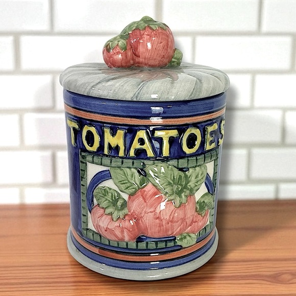 Vintage Canister Tomato Farmhouse Multipurpose Jar Ceramic Blue 3 Cup 5.25” Tall - Picture 1 of 16